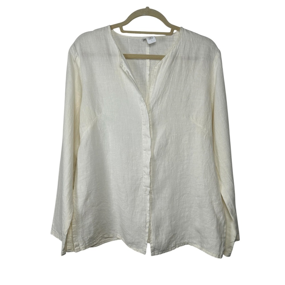 Match Point Womens Cream 100% Linen Long Sleeve Button Down Blouse Size Large